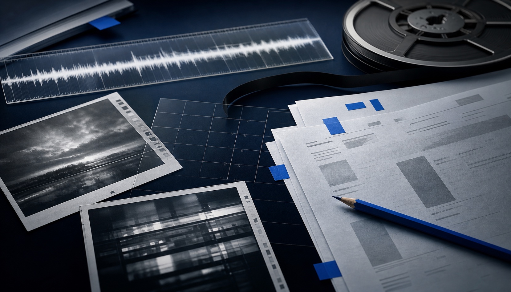 Broadcast tape, photographic frames, an audio waveform, and reporting records prepared for close review